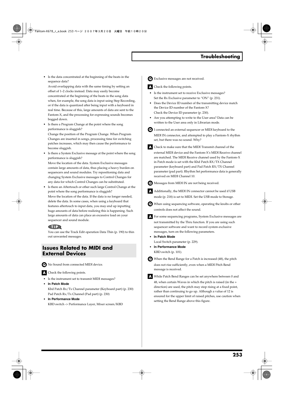 Issues related to midi and external devices, 253 troubleshooting | Roland X-6 User Manual | Page 253 / 348
