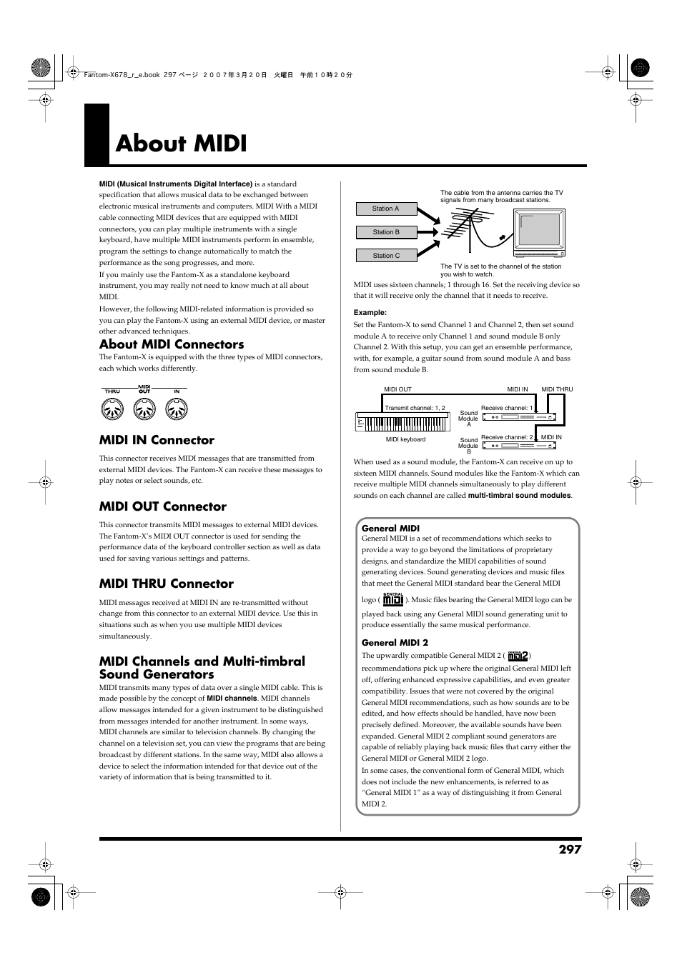 About midi, About midi connectors, Midi channels and multi-timbral sound generators | Midi in connector, Midi out connector, Midi thru connector | Roland X-6 User Manual | Page 297 / 348