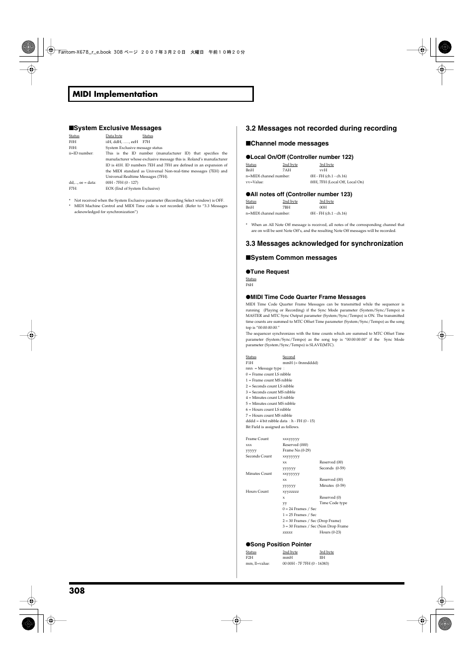 308 midi implementation, 2 messages not recorded during recording, 3 messages acknowledged for synchronization | System exclusive messages, Channel mode messages, System common messages | Roland X-6 User Manual | Page 308 / 348