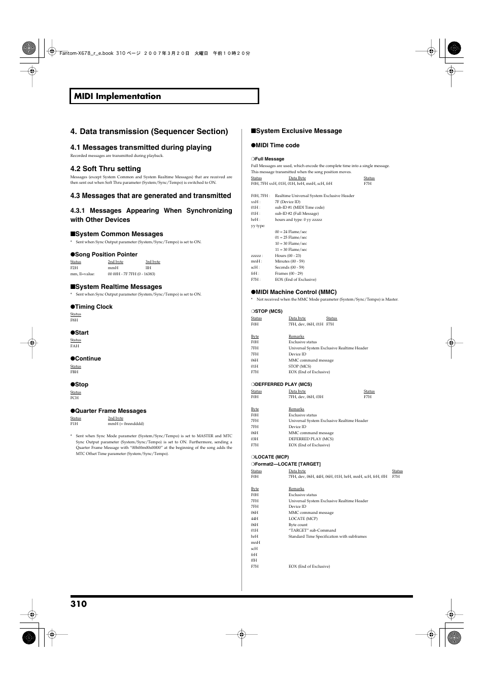 1 messages transmitted during playing, 2 soft thru setting, 3 messages that are generated and transmitted | System realtime messages, System exclusive message | Roland X-6 User Manual | Page 310 / 348