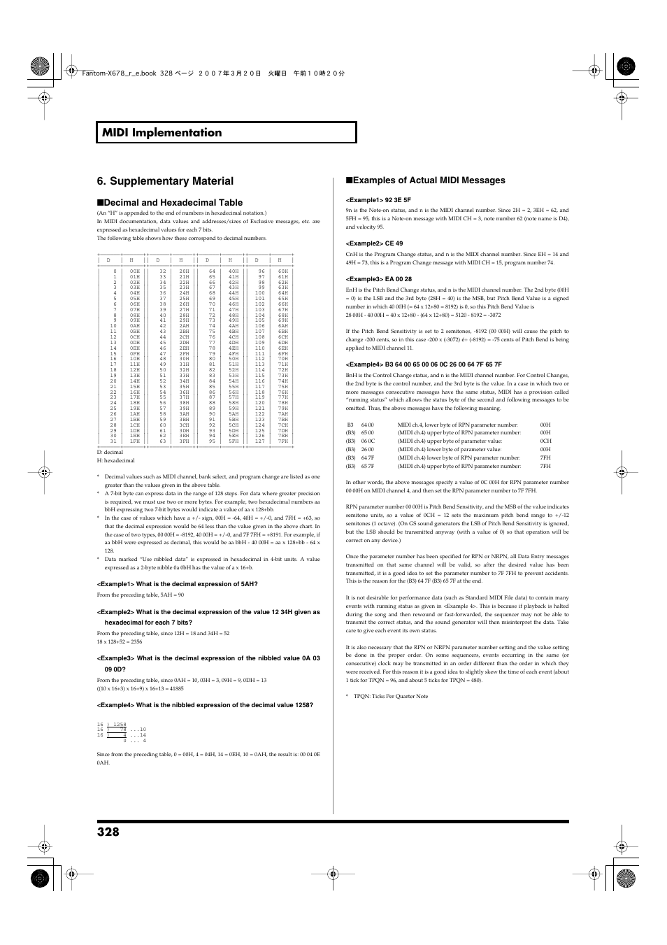 328 midi implementation 6. supplementary material, Decimal and hexadecimal table, Examples of actual midi messages | Roland X-6 User Manual | Page 328 / 348