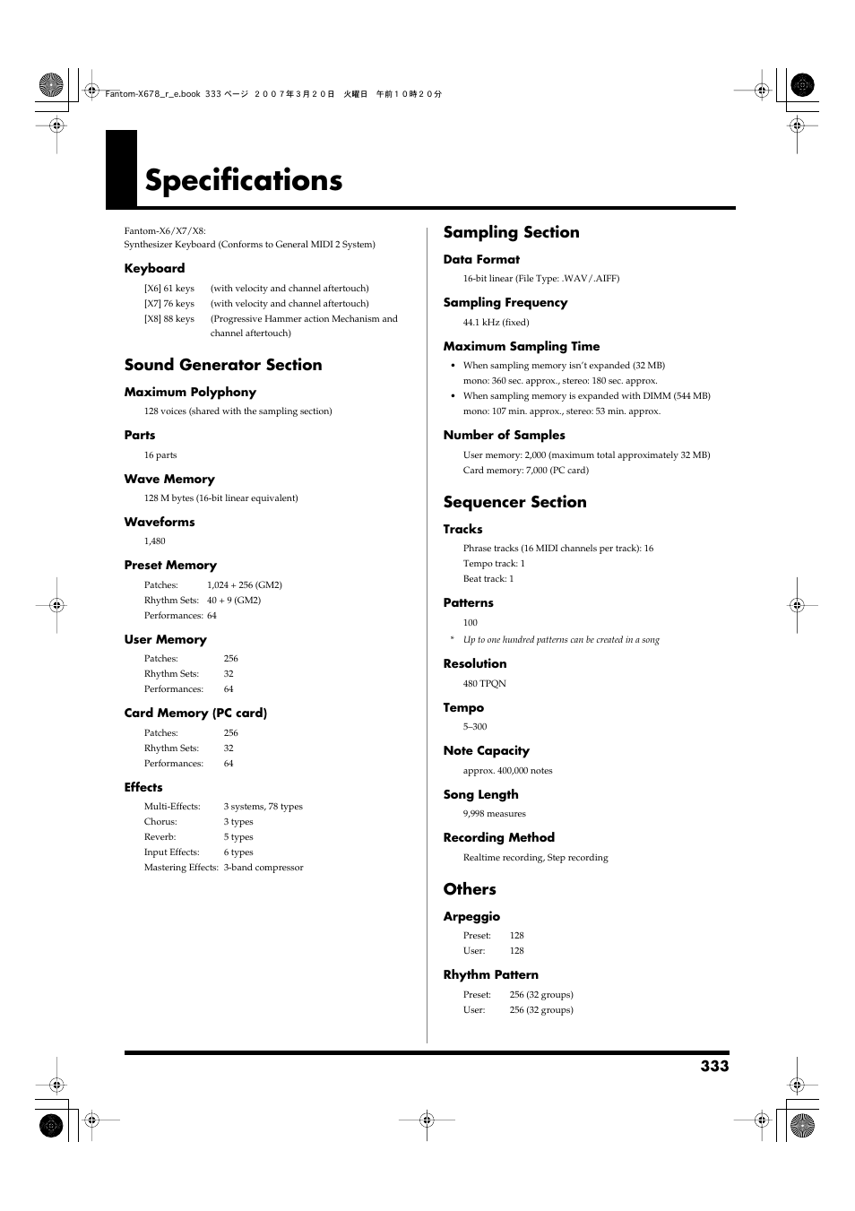 Specifications, Others | Roland X-6 User Manual | Page 333 / 348
