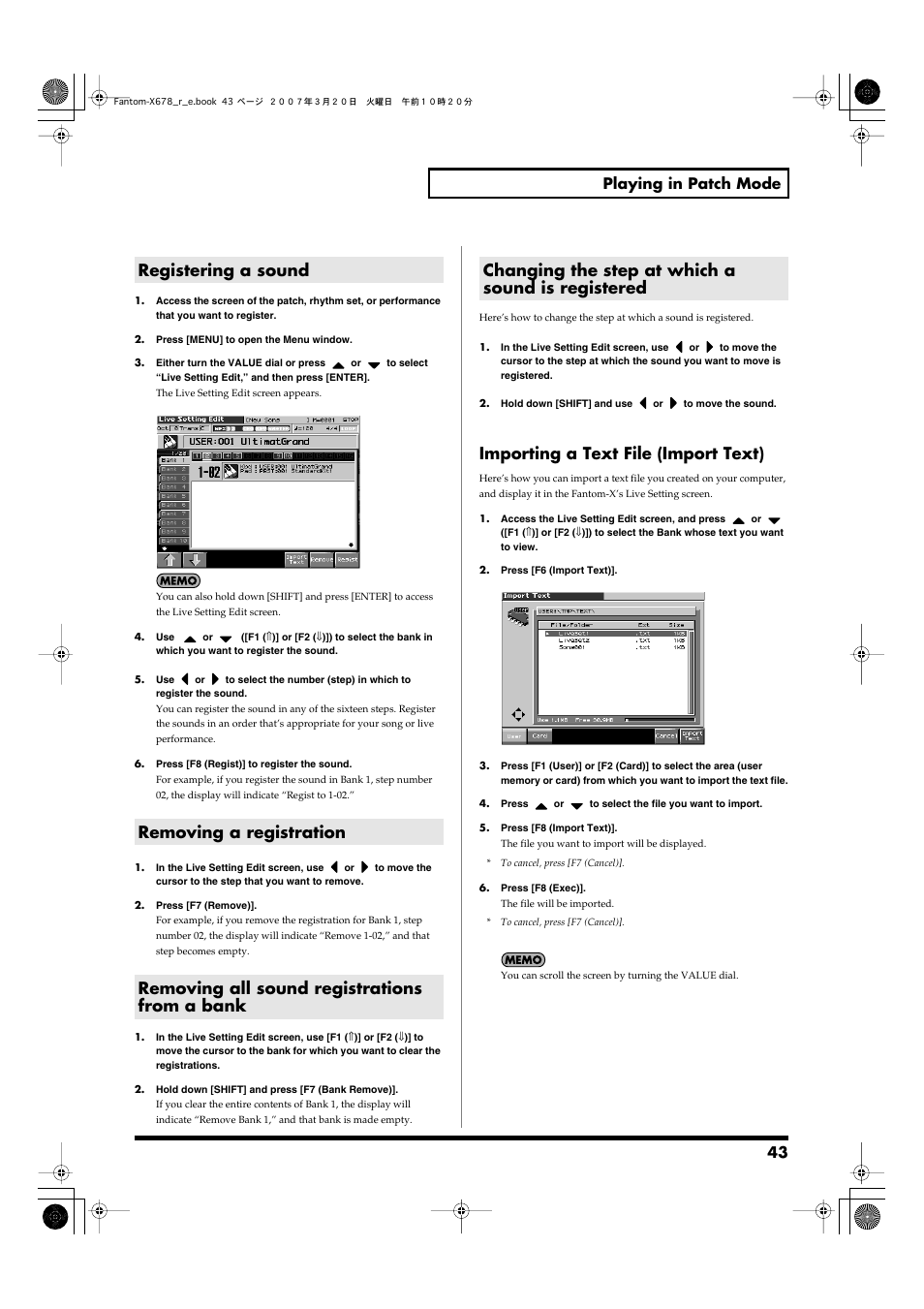 Registering a sound, Removing a registration, Removing all sound registrations from a bank | Changing the step at which a sound is registered, Importing a text file (import text), 43 playing in patch mode | Roland X-6 User Manual | Page 43 / 348