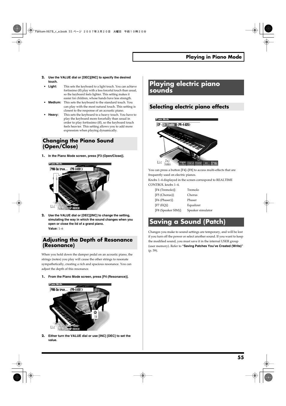 Changing the piano sound (open/close), Adjusting the depth of resonance (resonance), Playing electric piano sounds | Selecting electric piano effects, Saving a sound (patch), 55 playing in piano mode | Roland X-6 User Manual | Page 55 / 348