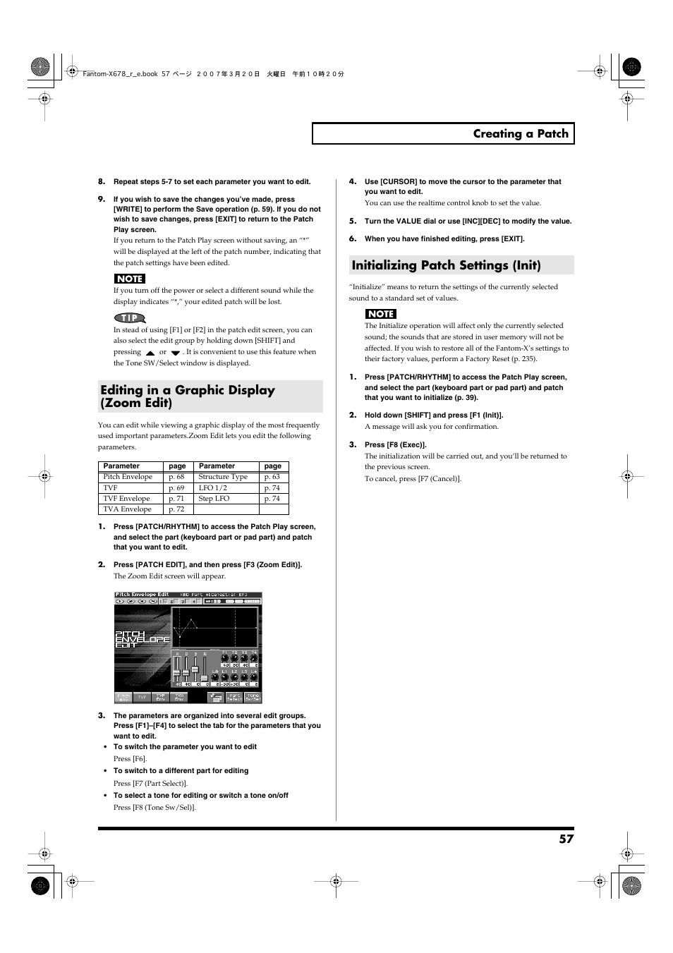 Editing in a graphic display (zoom edit), Initializing patch settings (init), Operation(p. 57) | 57 creating a patch | Roland X-6 User Manual | Page 57 / 348
