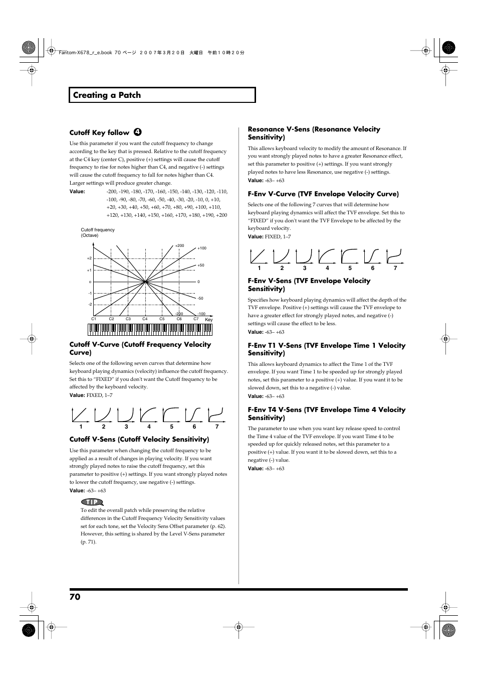 Cutoff v-sens parameter (p. 70), 70 creating a patch | Roland X-6 User Manual | Page 70 / 348