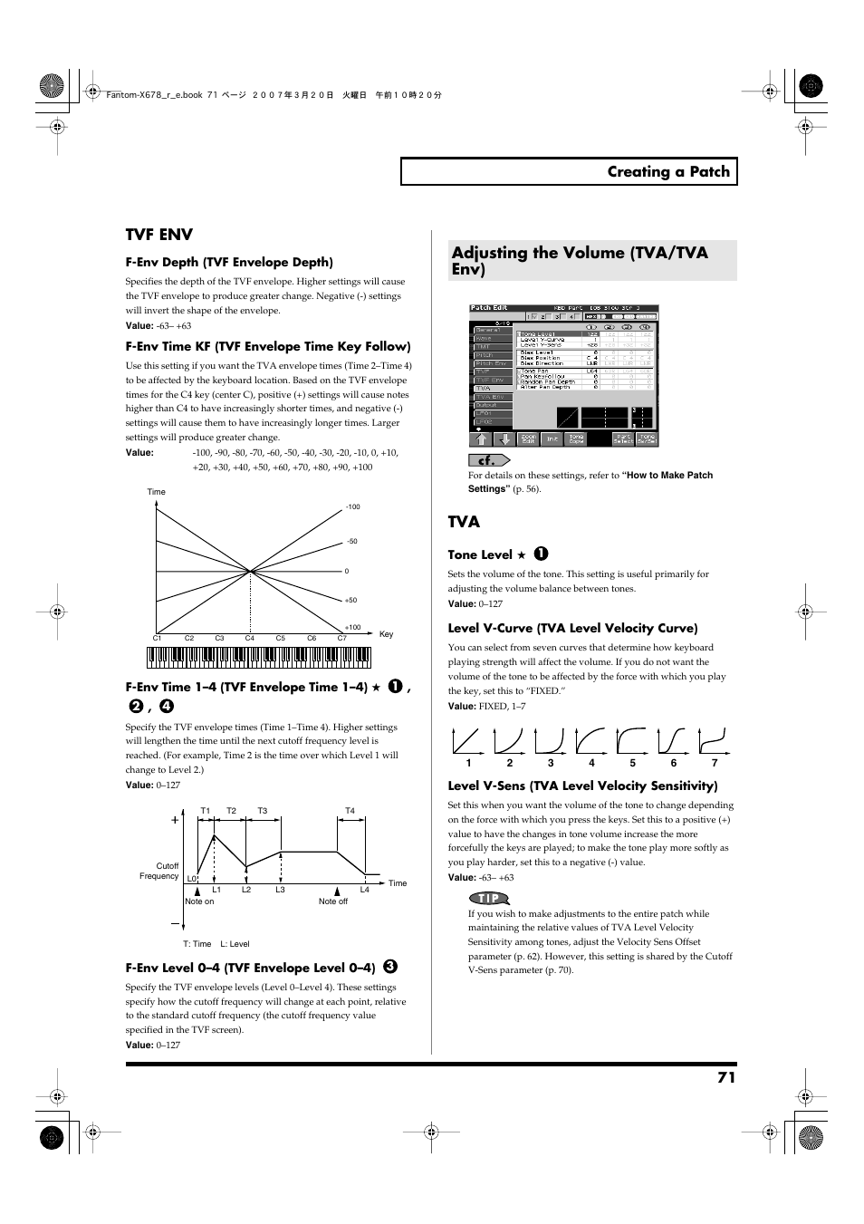 Adjusting the volume (tva/tva env), P. 71, Parameters (p. 71) | 4 parameters (p. 71), Level v-sens parameter (p. 71), Tvf env, 71 creating a patch | Roland X-6 User Manual | Page 71 / 348
