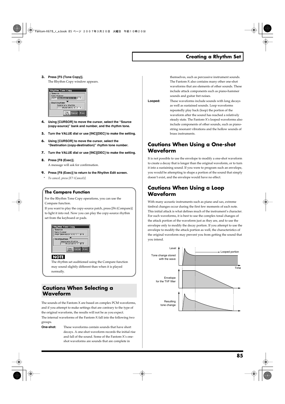 Cautions when selecting a waveform, Cautions when using a one-shot waveform, Cautions when using a loop waveform | 85 creating a rhythm set | Roland X-6 User Manual | Page 85 / 348