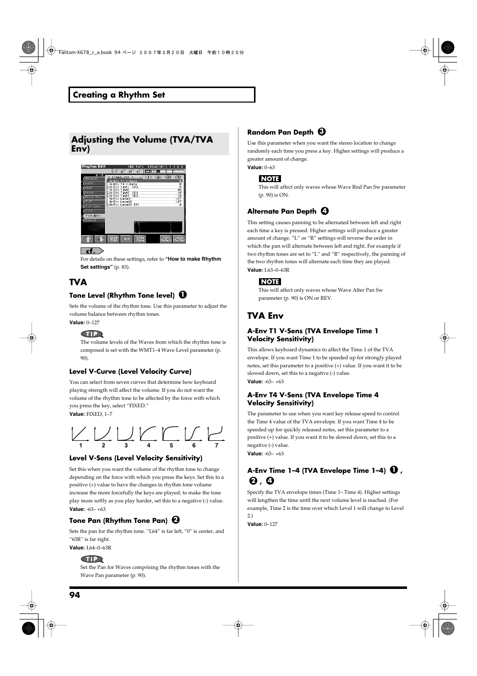 Adjusting the volume (tva/tva env), P. 94, Parameter (p. 94) | Tva env, 94 creating a rhythm set | Roland X-6 User Manual | Page 94 / 348