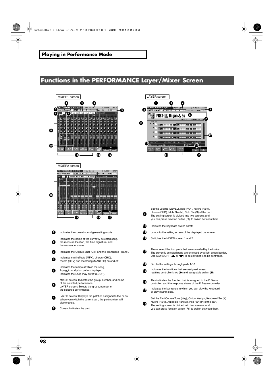 Functions in the performance layer/mixer screen, 98 playing in performance mode | Roland X-6 User Manual | Page 98 / 348