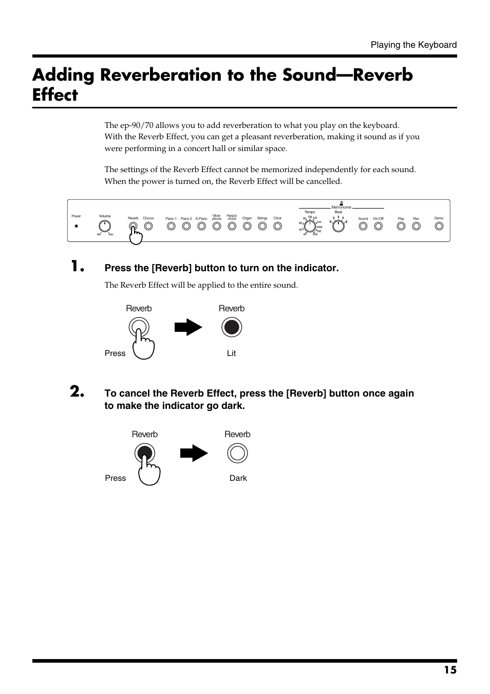 Adding reverberation to the sound—reverb effect, Press the [reverb] button to turn on the indicator, Playing the keyboard | Reverb, Press lit, Press dark | Roland ep-90/70 User Manual | Page 15 / 36