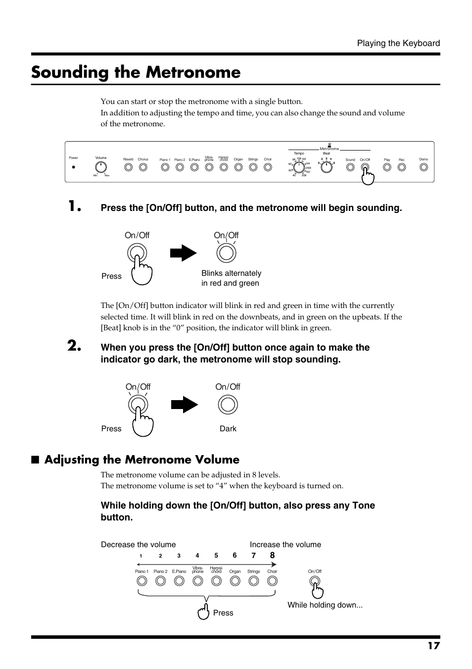 Sounding the metronome, Adjusting the metronome volume, Playing the keyboard | On/off, Press blinks alternately in red and green, Press dark | Roland ep-90/70 User Manual | Page 17 / 36