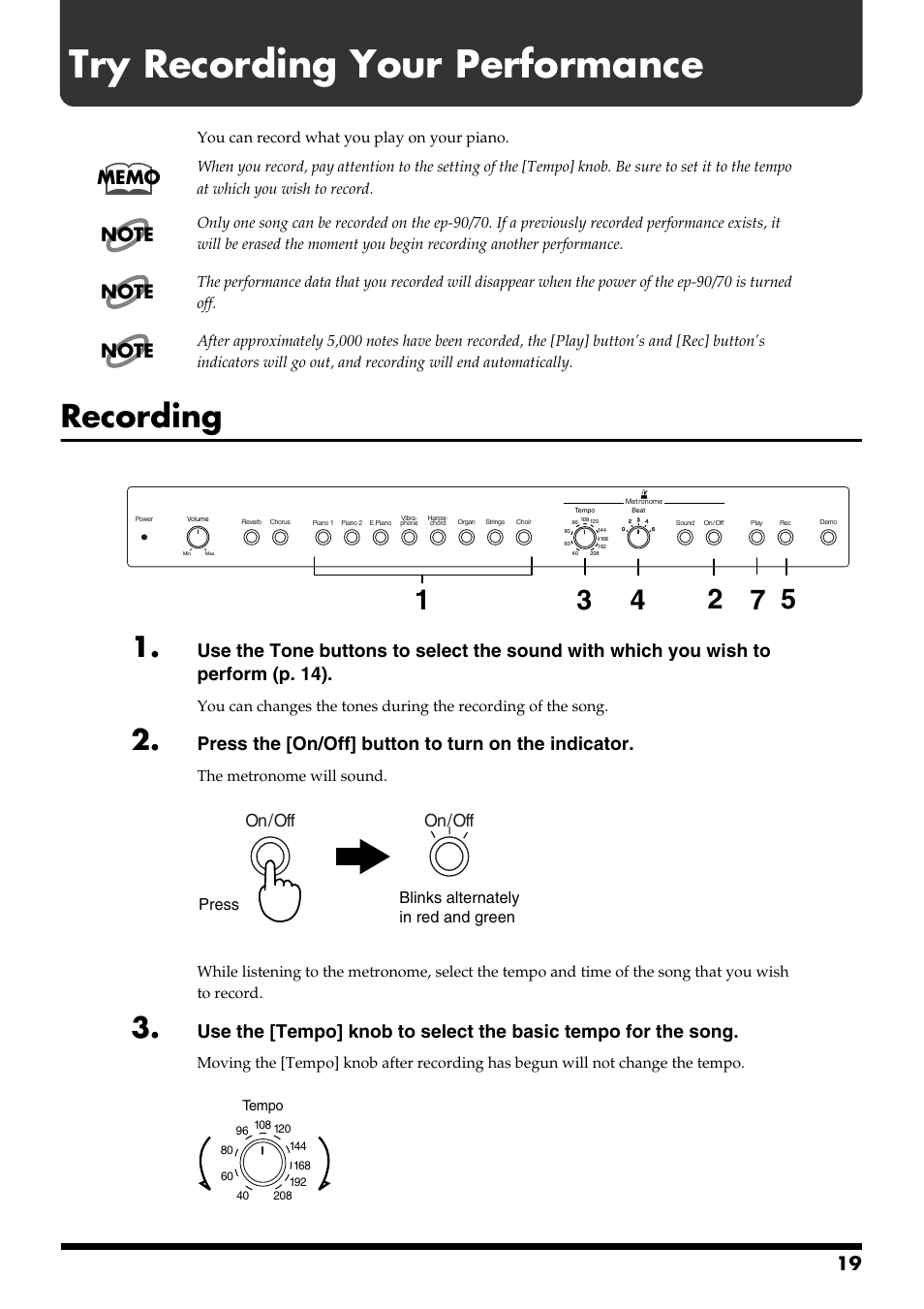 Try recording your performance, Recording, It also is used to start/stop recording (p. 19) | Press the [on/off] button to turn on the indicator, On/off, The metronome will sound, Press blinks alternately in red and green | Roland ep-90/70 User Manual | Page 19 / 36