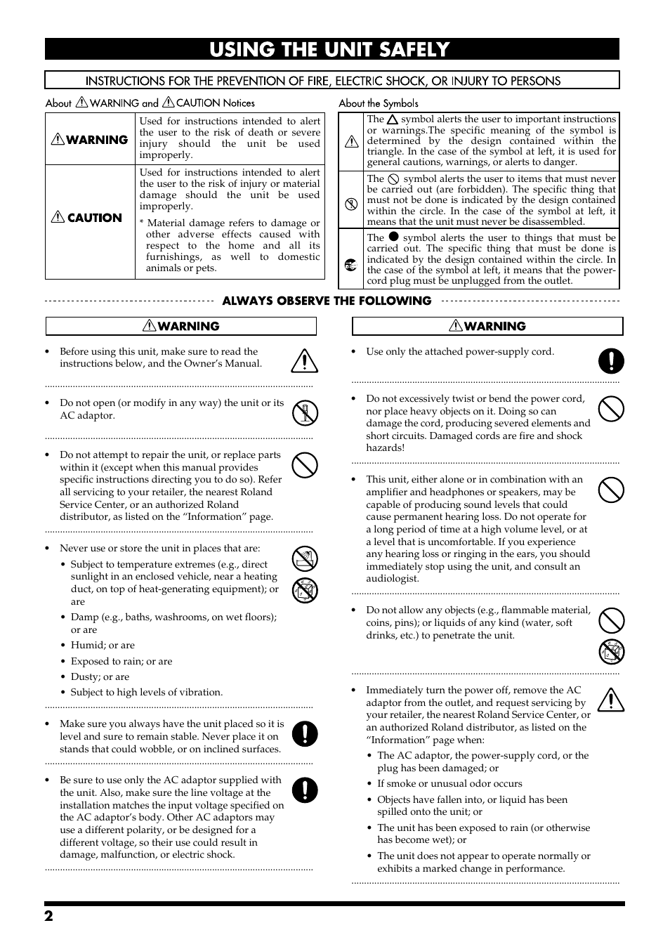 Using the unit safely, 002c, 008c | 008e, 012b | Roland ep-90/70 User Manual | Page 2 / 36