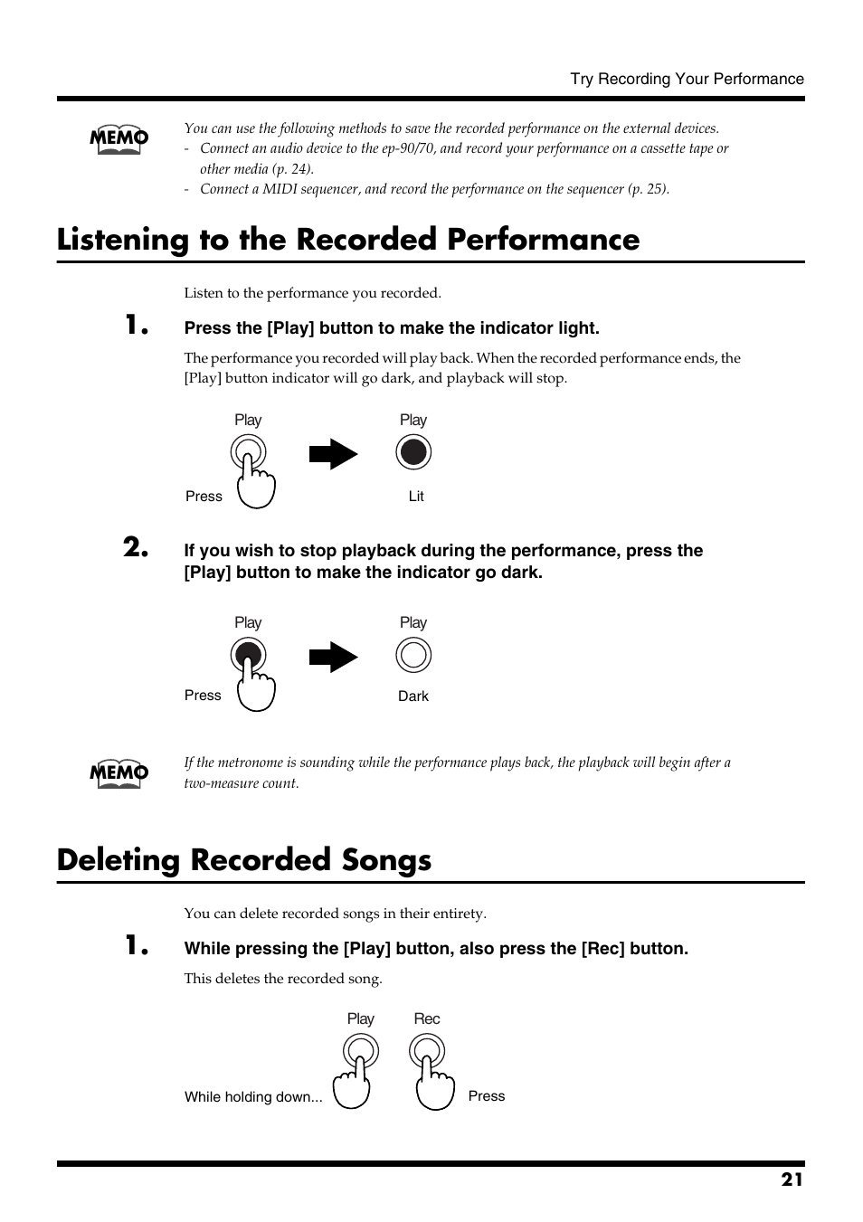 Listening to the recorded performance, Deleting recorded songs | Roland ep-90/70 User Manual | Page 21 / 36