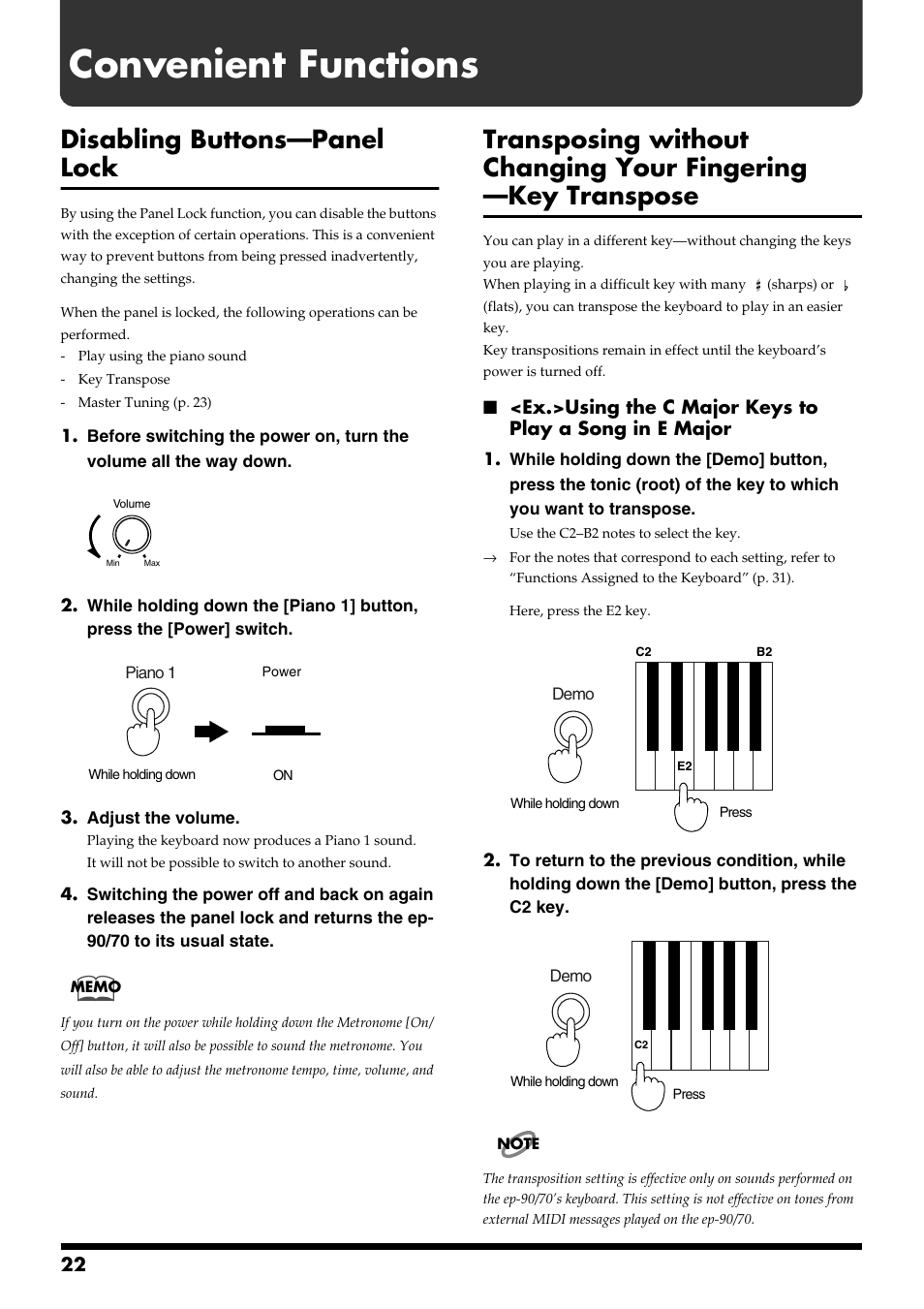 Convenient functions, Disabling buttons—panel lock, Settings on the ep-90/70 (p. 22, p. 23) | Roland ep-90/70 User Manual | Page 22 / 36