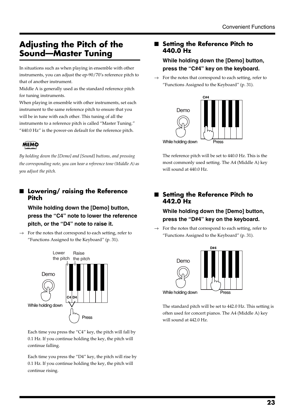 Adjusting the pitch of the sound—master tuning, Lowering/ raising the reference pitch, Setting the reference pitch to 440.0 hz | Setting the reference pitch to 442.0 hz | Roland ep-90/70 User Manual | Page 23 / 36