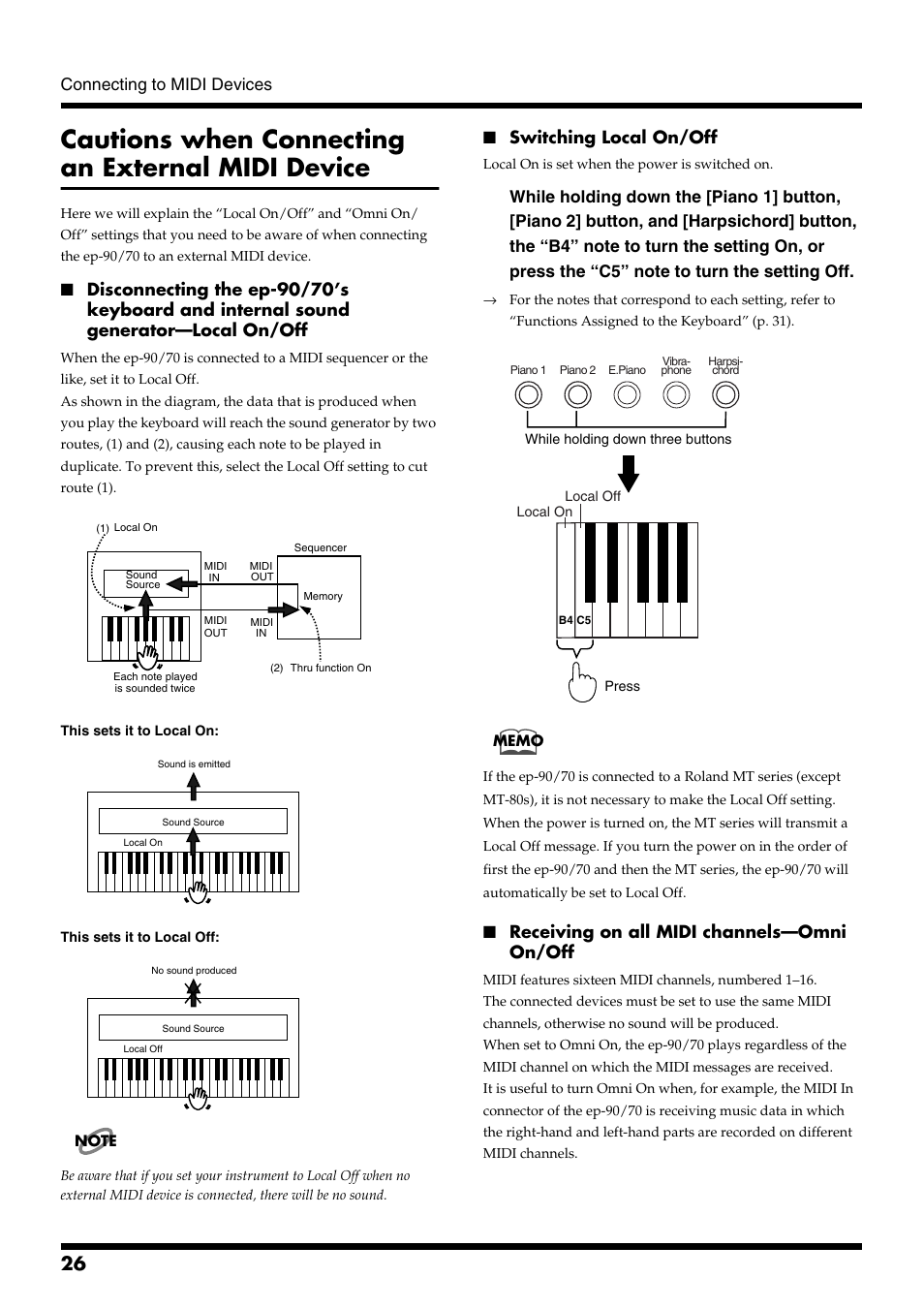 Cautions when connecting an external midi device, Switching local on/off, Receiving on all midi channels—omni on/off | Connecting to midi devices | Roland ep-90/70 User Manual | Page 26 / 36