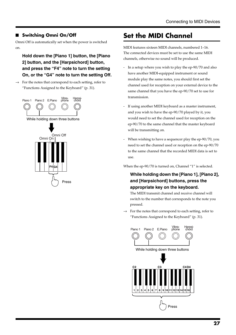 Switching omni on/off, Set the midi channel | Roland ep-90/70 User Manual | Page 27 / 36