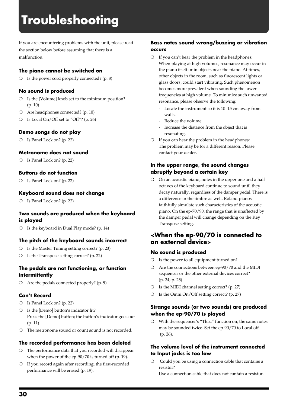 Troubleshooting | Roland ep-90/70 User Manual | Page 30 / 36