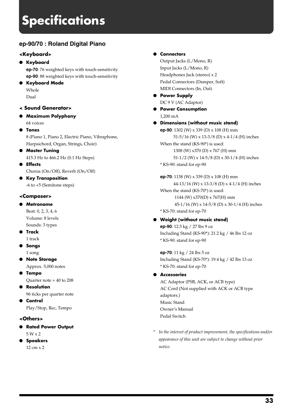 Specifications, Ep-90/70 : roland digital piano | Roland ep-90/70 User Manual | Page 33 / 36