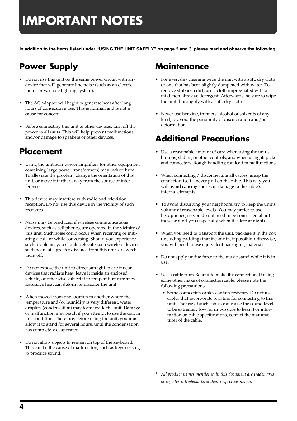 Important notes, 291a, Power supply | Placement, 352a, 352b, 354a, 355b, Maintenance, 401a | Roland ep-90/70 User Manual | Page 4 / 36