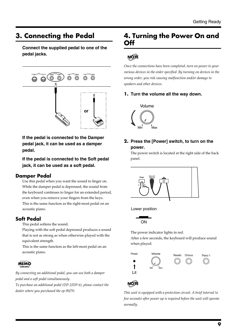 Connecting the pedal, Turning the power on and off, Damper pedal | Soft pedal, Getting ready, Turn the volume all the way down, Press the [power] switch, to turn on the power, Volume, On lower position | Roland ep-90/70 User Manual | Page 9 / 36