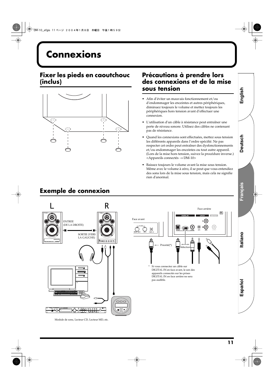 Connexions, Fixer les pieds en caoutchouc (inclus), Exemple de connexion | Roland Dm-10 User Manual | Page 11 / 20