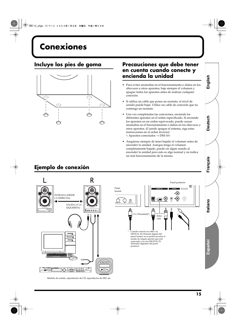 Conexiones, Incluye los pies de goma, Ejemplo de conexión | Roland Dm-10 User Manual | Page 15 / 20