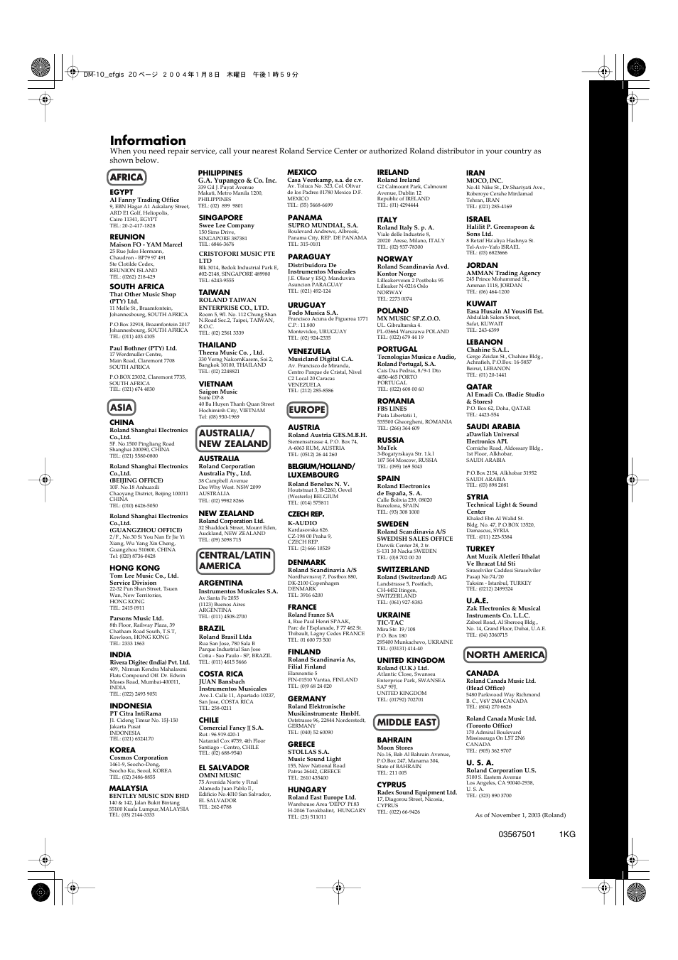 Information, Africa | Roland Dm-10 User Manual | Page 20 / 20