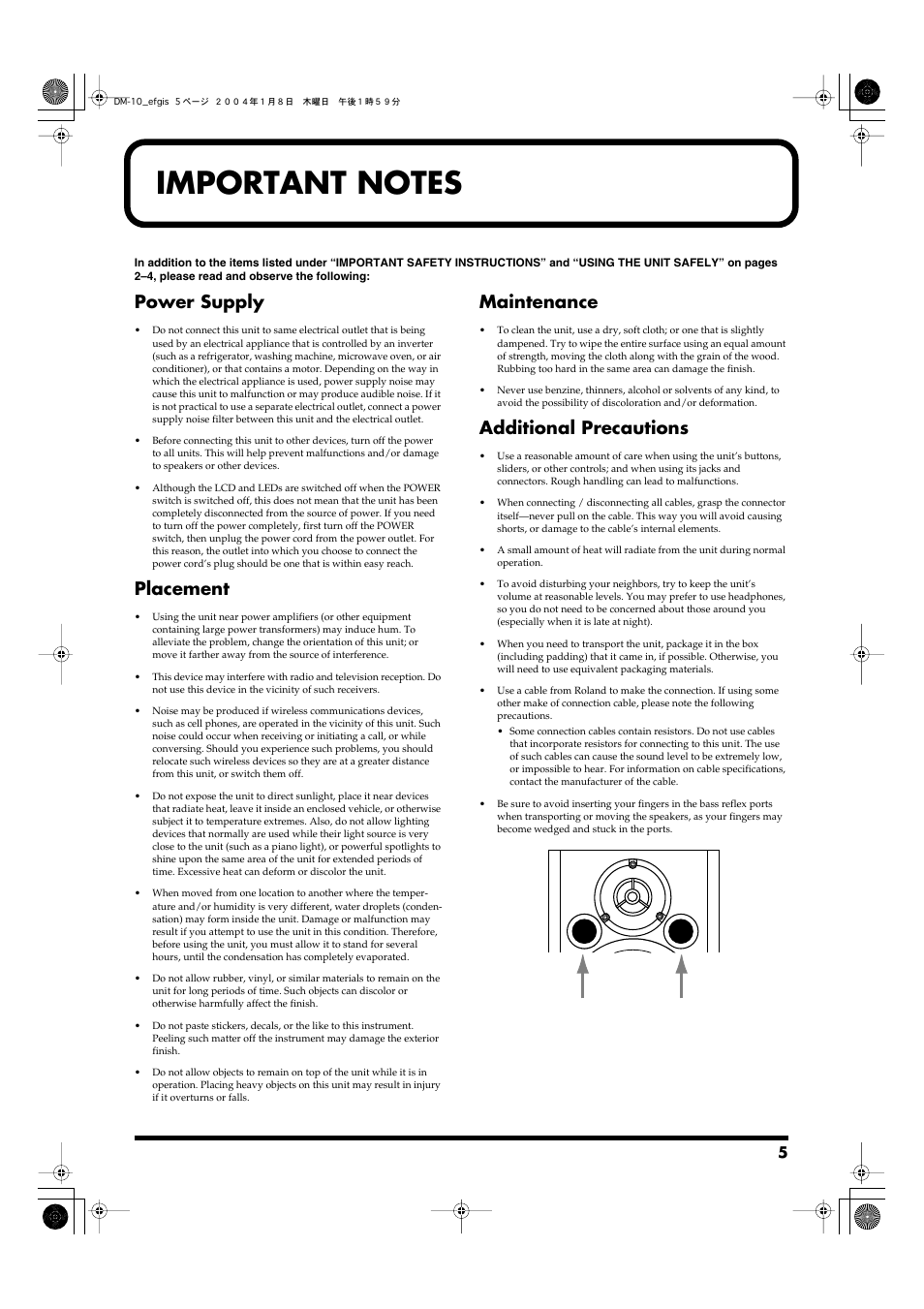 Important notes, Power supply, Placement | Maintenance, Additional precautions | Roland Dm-10 User Manual | Page 5 / 20