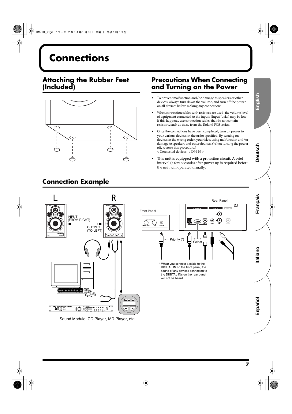 Connections, Attaching the rubber feet (included), Connection example | Roland Dm-10 User Manual | Page 7 / 20