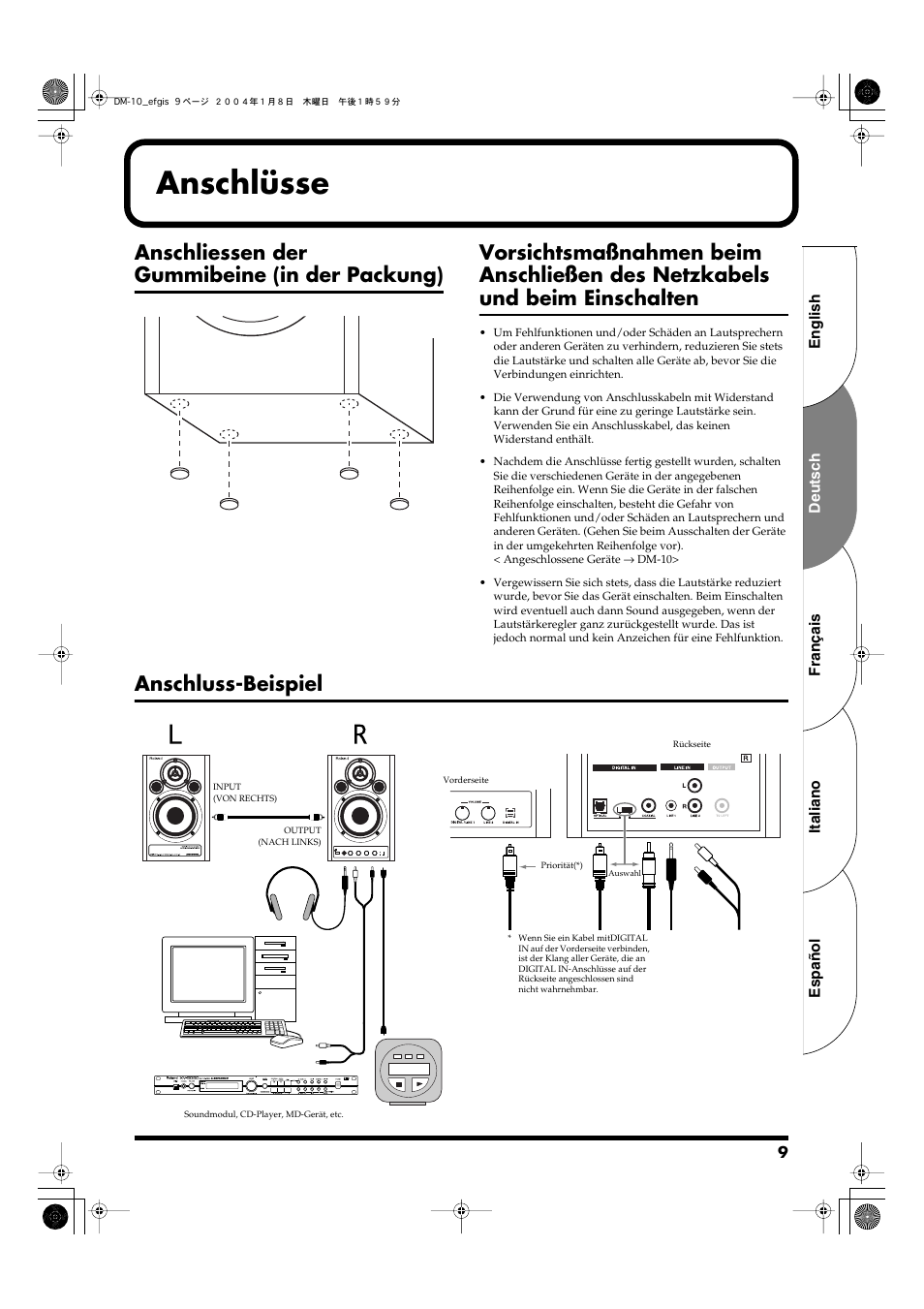 Anschlüsse, Anschliessen der gummibeine (in der packung), Anschluss-beispiel | Roland Dm-10 User Manual | Page 9 / 20