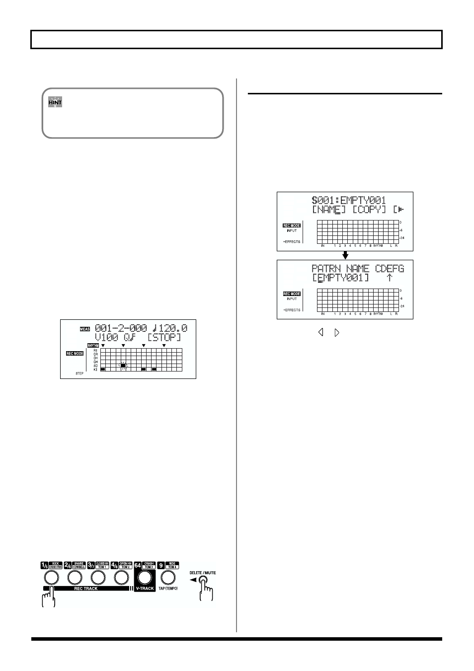 Changing the velocity, Deleting unneeded drum sounds, Naming patterns | 102 creating original patterns | Roland BR-864 User Manual | Page 102 / 200
