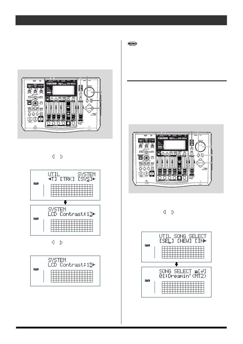 Adjusting the display contrast, 3) listening to a demo song, Selecting a song | 26 listening to the demo songs | Roland BR-864 User Manual | Page 26 / 200