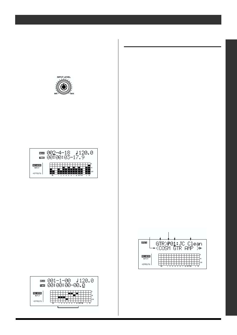 Adjusting the input level, 4) using insert effects, Switch effect patches | Bank (p. 33, p. 56) changes automatically, Quick start adjusting the input level, 33 recording/playing back a song, Level meter display, Fader position display | Roland BR-864 User Manual | Page 33 / 200