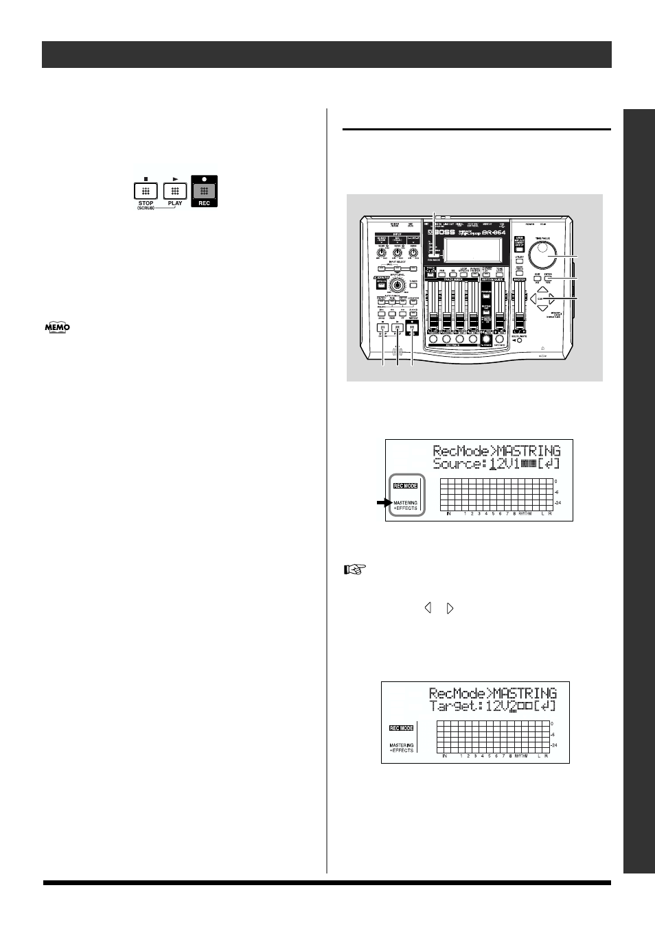 11) mastering, Mastering (p. 43, p. 65), Quick start | 43 recording/playing back a song | Roland BR-864 User Manual | Page 43 / 200