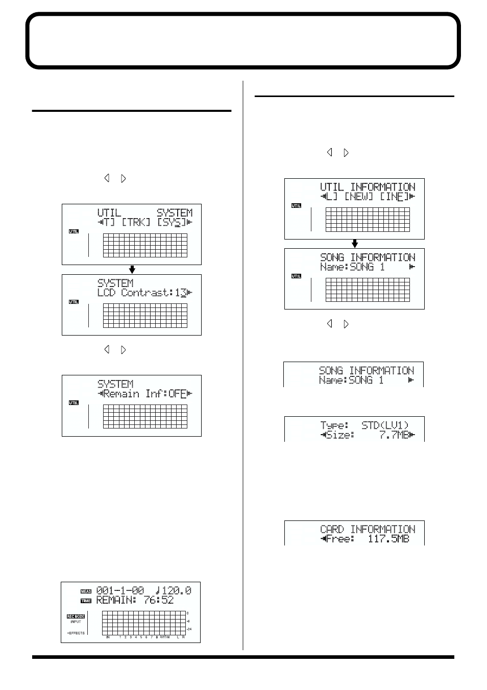 Displaying the song information, Displaying the remaining available recording time, Displaying the memory card usage | Roland BR-864 User Manual | Page 68 / 200