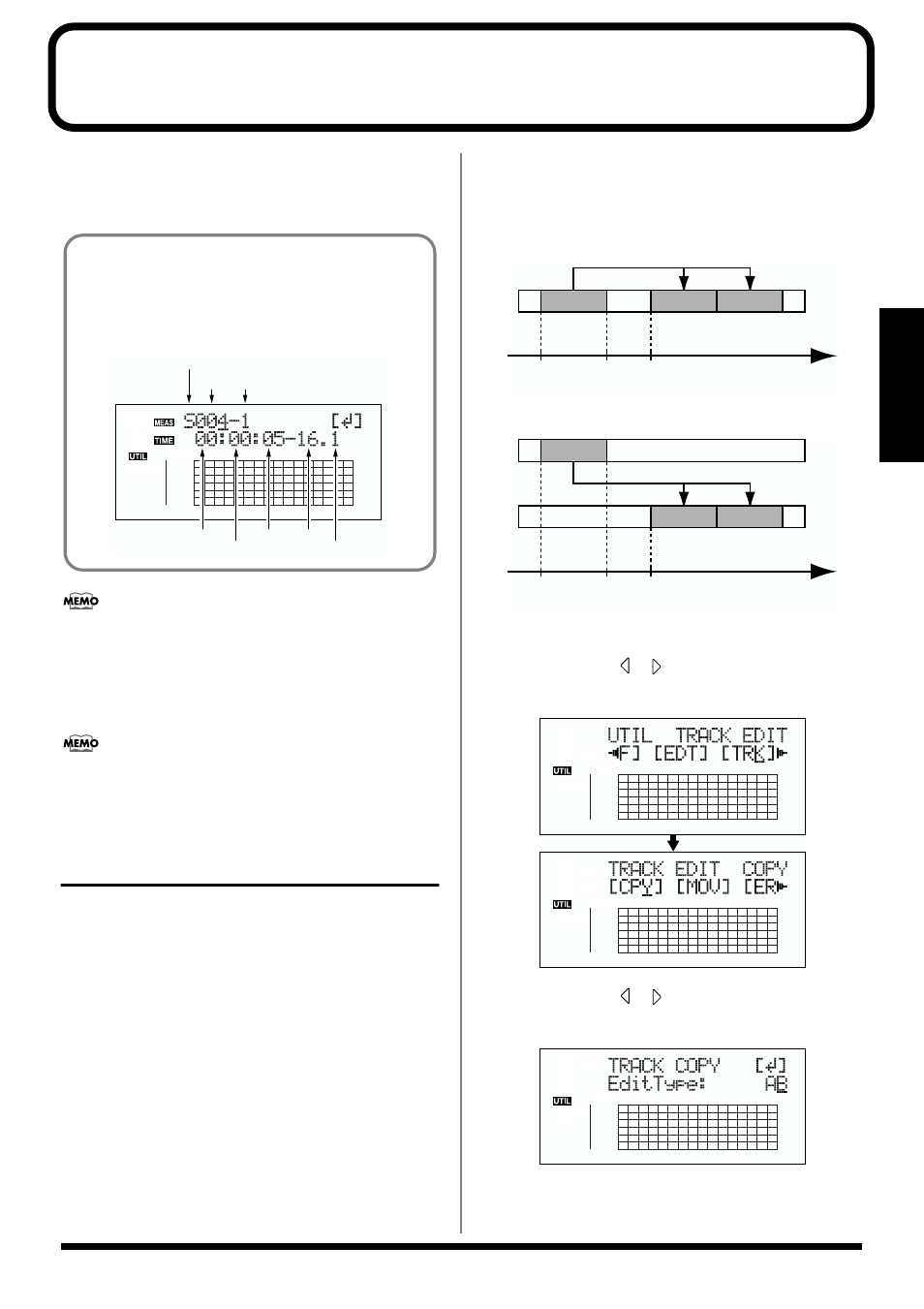 Editing the performance on a track (track editing), Copying data (track copy), Copying the repeated portion (ab) | About the measure/time specification screen | Roland BR-864 User Manual | Page 73 / 200