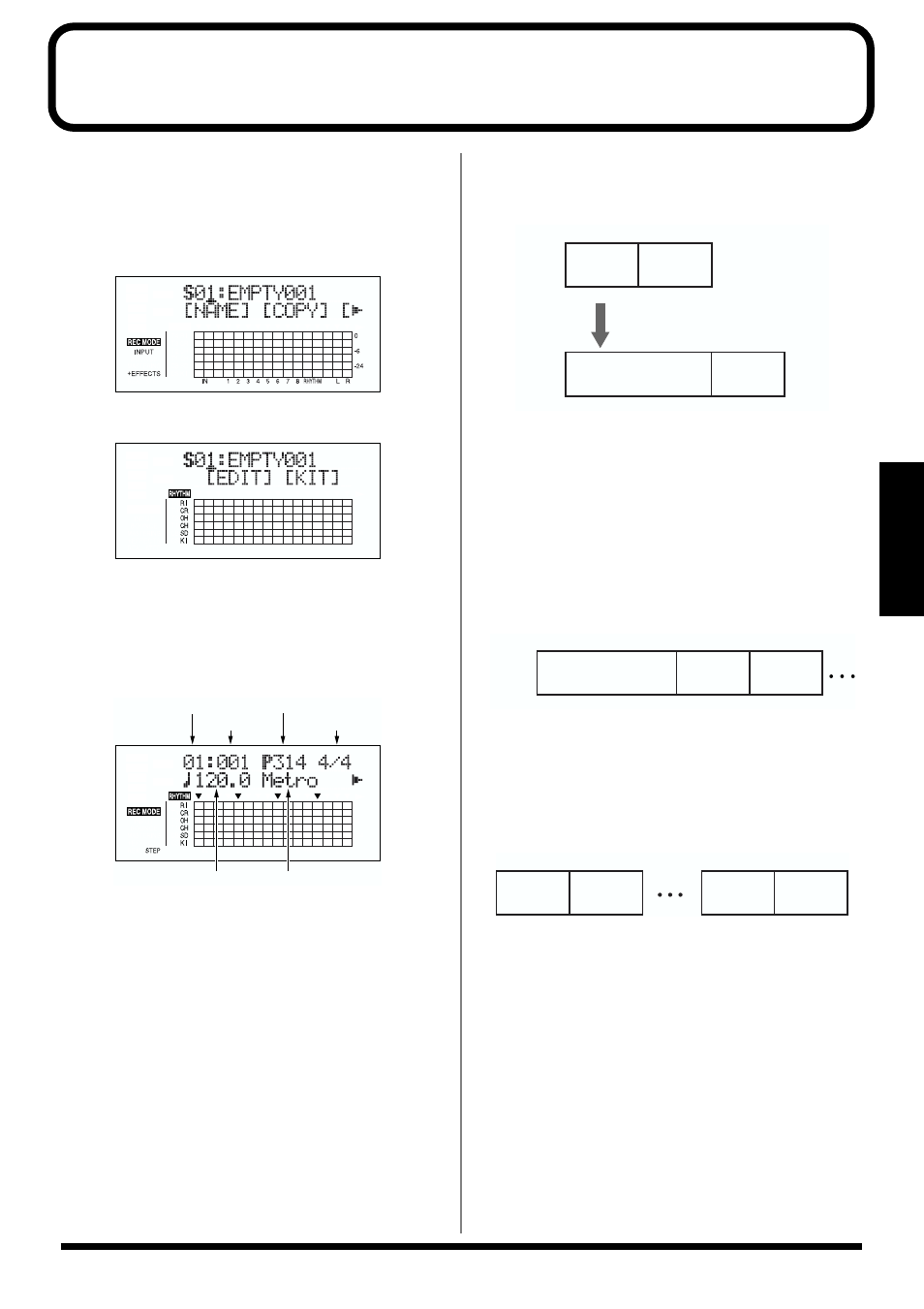 Creating original arrangements, Starting measure, Pattern number | Time signature, Tempo | Roland BR-864 User Manual | Page 93 / 200