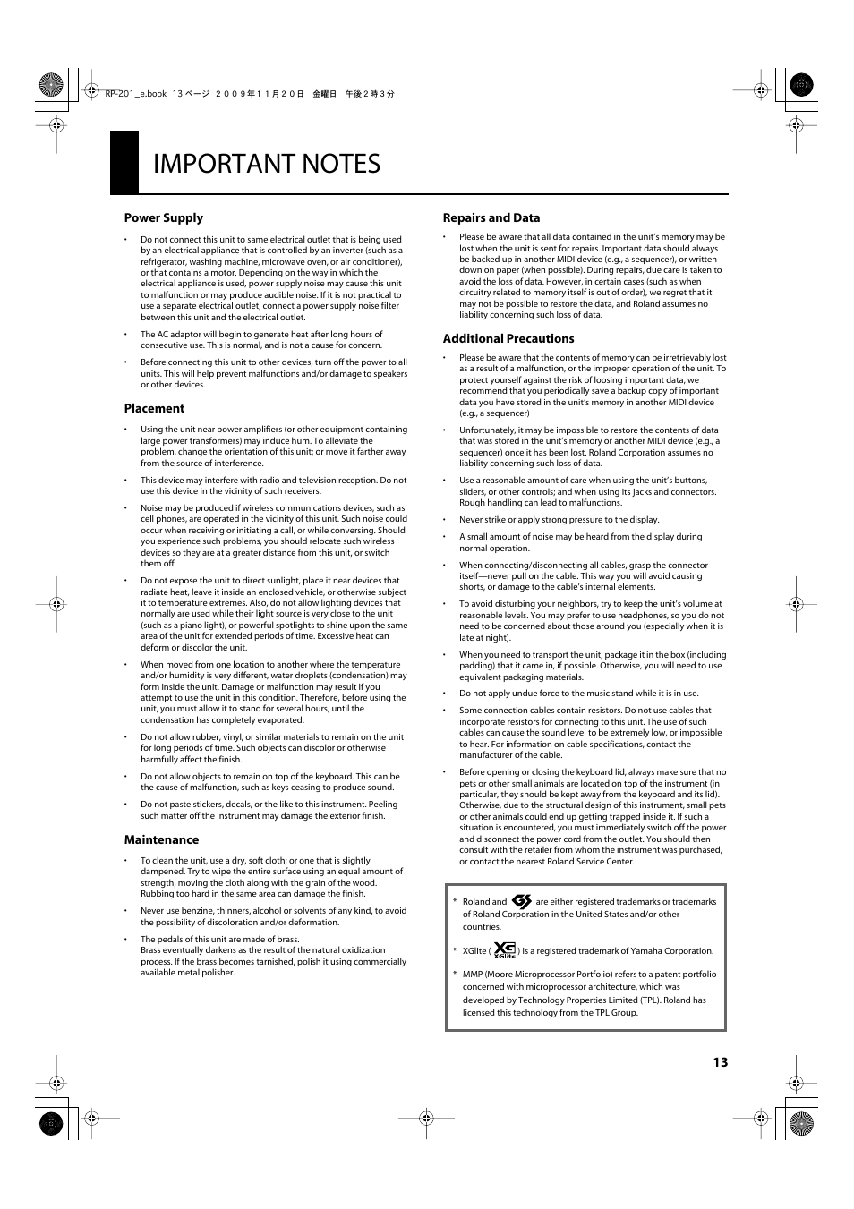 Important notes, Power supply, Placement | Maintenance, Repairs and data, Additional precautions | Roland RP201 User Manual | Page 11 / 60
