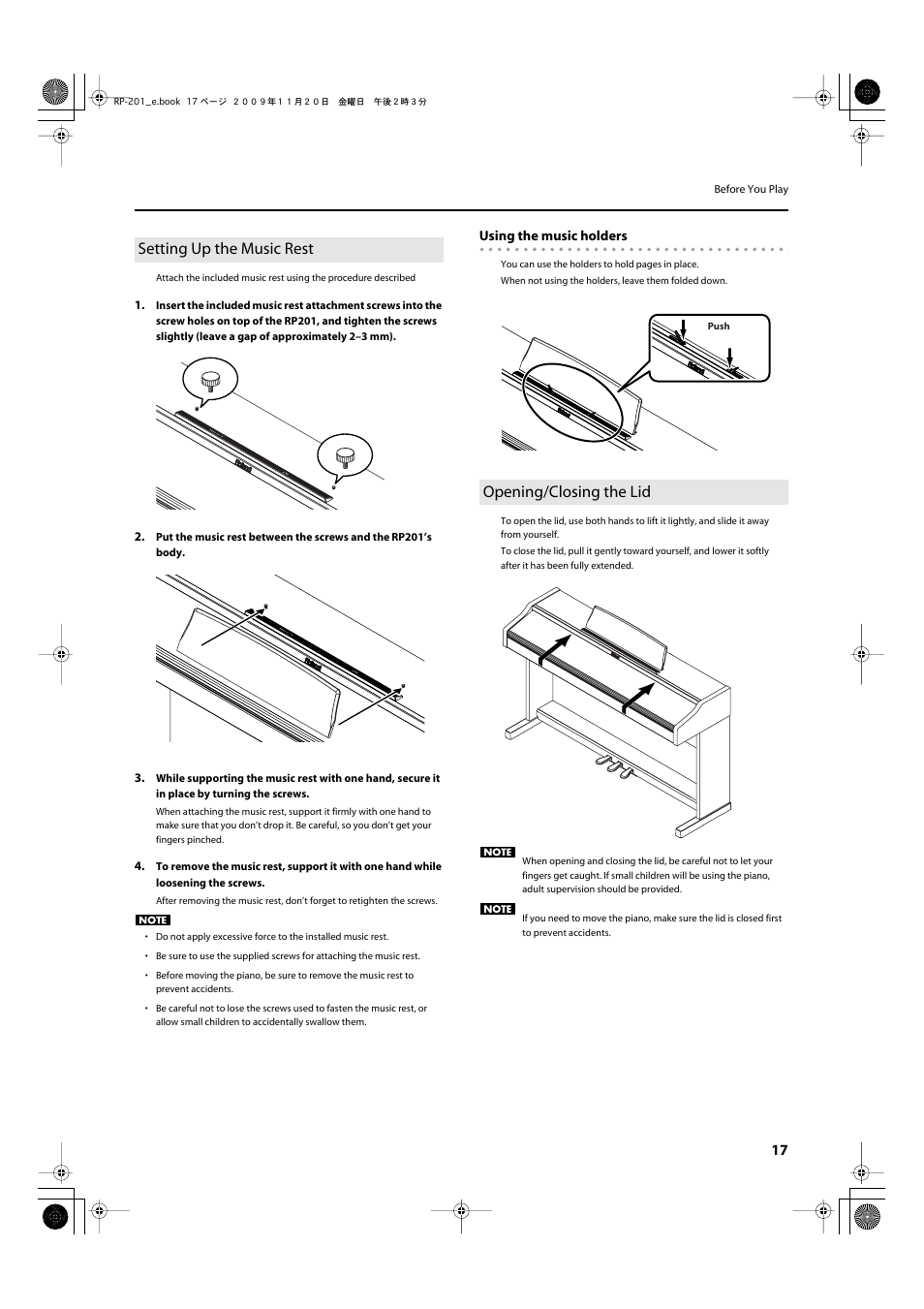 Setting up the music rest, Opening/closing the lid, Setting up the music rest opening/closing the lid | Roland RP201 User Manual | Page 15 / 60