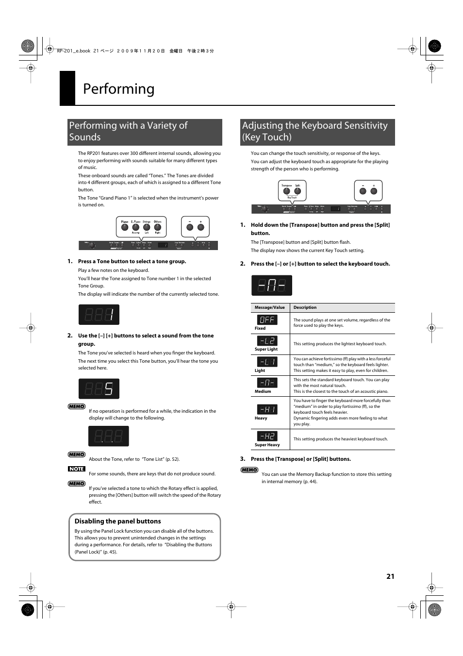 Performing, Performing with a variety of sounds, Adjusting the keyboard sensitivity (key touch) | Play the keyboard (p. 21), The keyboard (p. 21) | Roland RP201 User Manual | Page 19 / 60