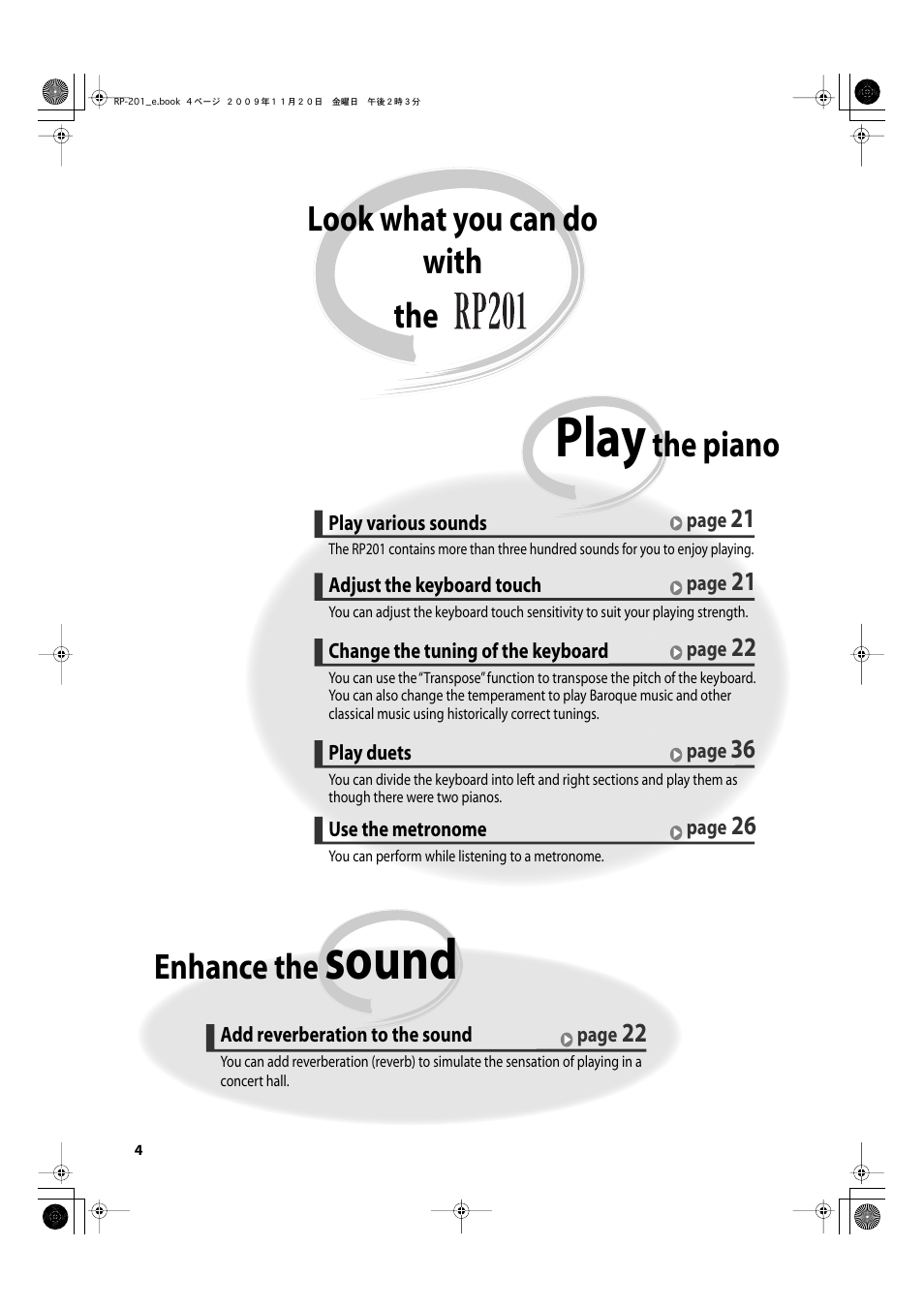 Look what you can do with the rp201, Play, Sound | Look what you can do with the, The piano, Enhance the | Roland RP201 User Manual | Page 2 / 60