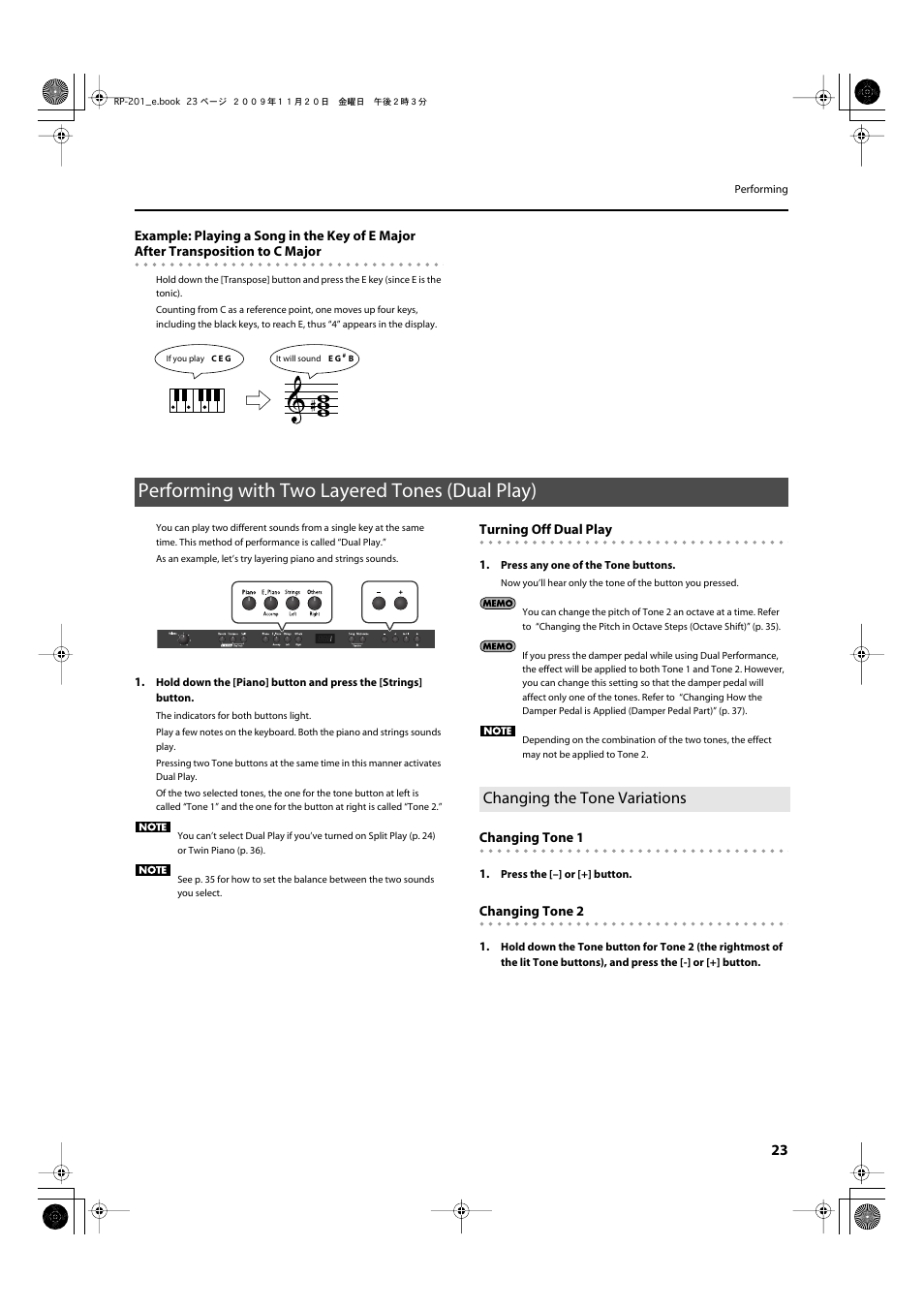 Performing with two layered tones (dual play), Changing the tone variations | Roland RP201 User Manual | Page 21 / 60