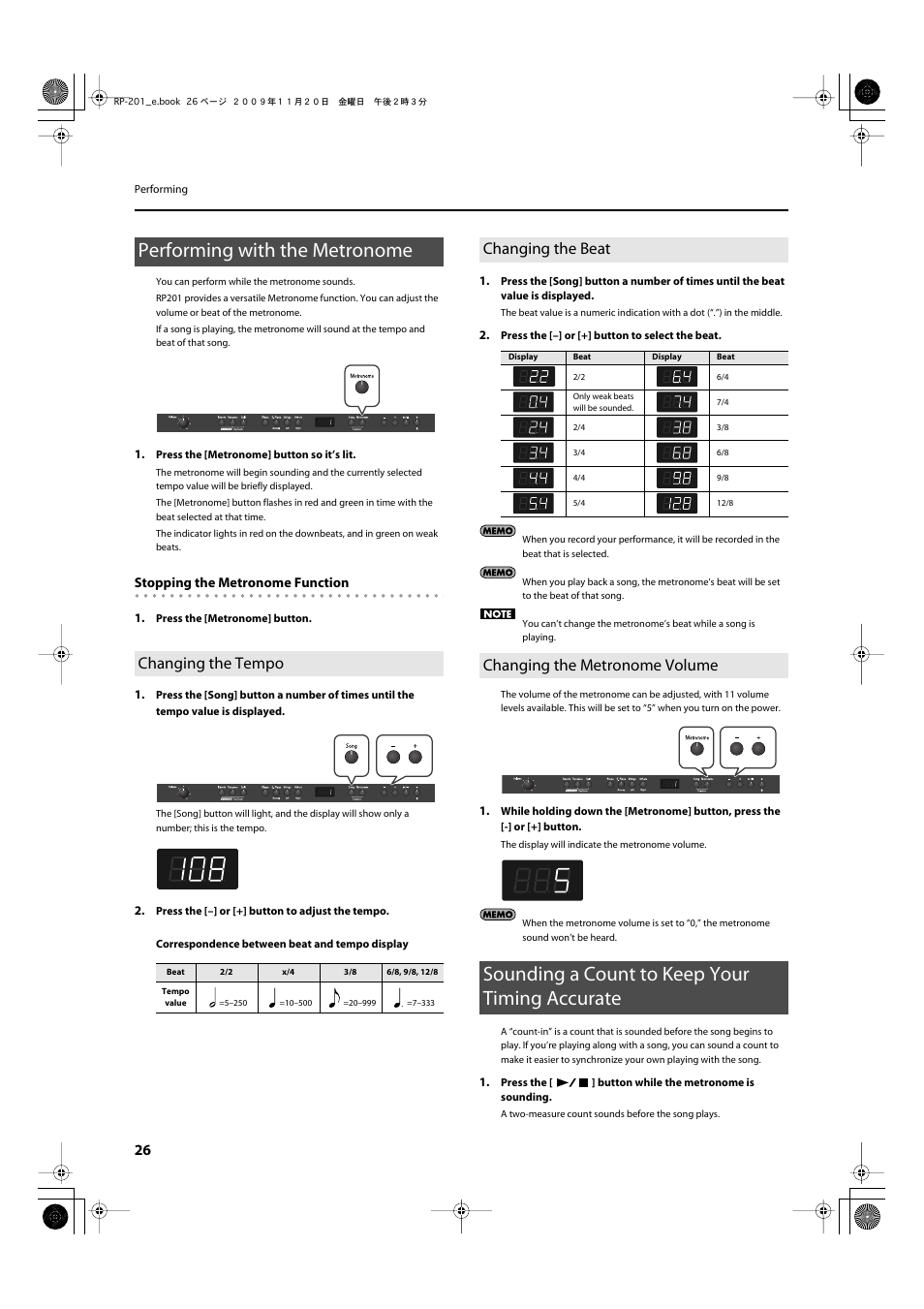 Performing with the metronome, Changing the tempo, Changing the beat | Changing the metronome volume, Sounding a count to keep your timing accurate, Setting (p. 26, p. 29), Turns the metronome on/off (p. 26) | Roland RP201 User Manual | Page 24 / 60