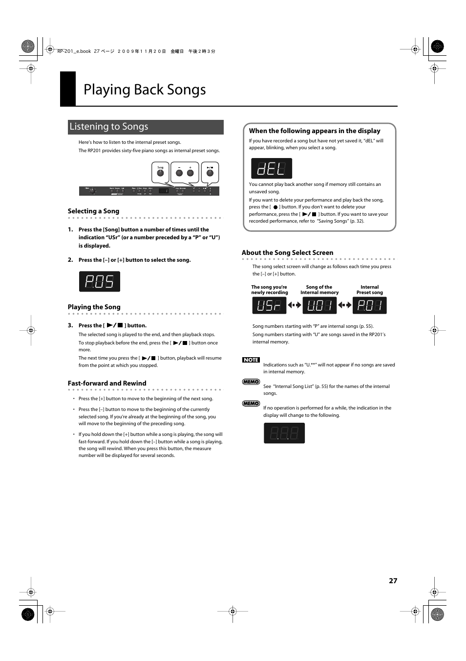 Playing back songs, Listening to songs, This lets you select the song to play back (p. 27) | Song select screen is displayed (p. 27), Rewound (p. 27), Select screen is displayed (p. 27), Fast-forwarded (p. 27), Recorded (p. 27) | Roland RP201 User Manual | Page 25 / 60