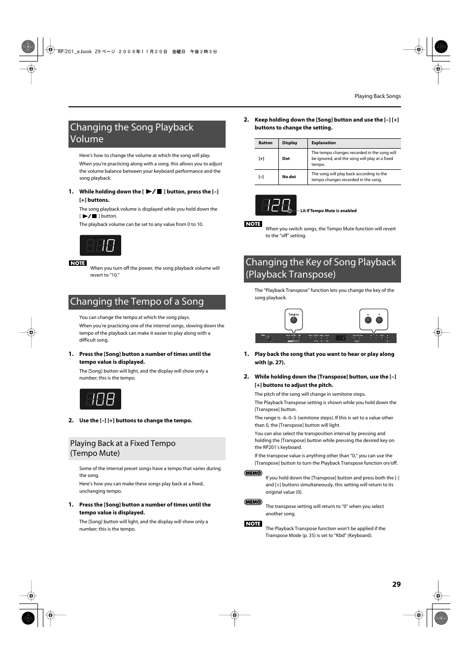 Changing the song playback volume, Changing the tempo of a song, Playing back at a fixed tempo (tempo mute) | Roland RP201 User Manual | Page 27 / 60