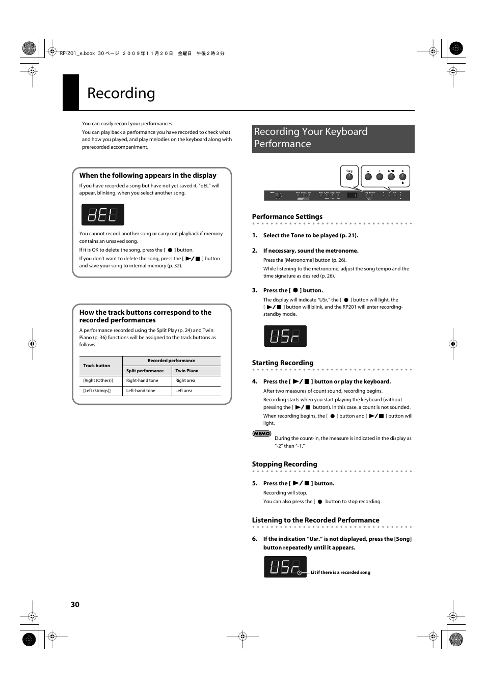 Recording, Recording your keyboard performance | Roland RP201 User Manual | Page 28 / 60