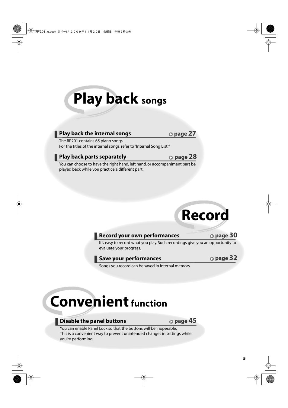 Play back, Record, Convenient | Songs, Function | Roland RP201 User Manual | Page 3 / 60